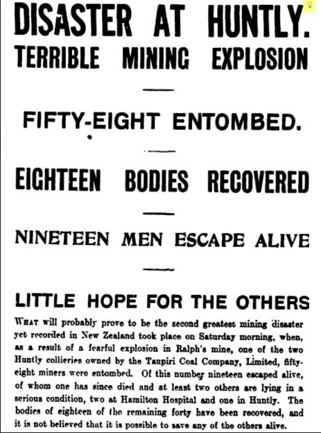 Herald article on the 1914 explosion at Ralph's mine in Huntly. Source: National Library of New Zealand